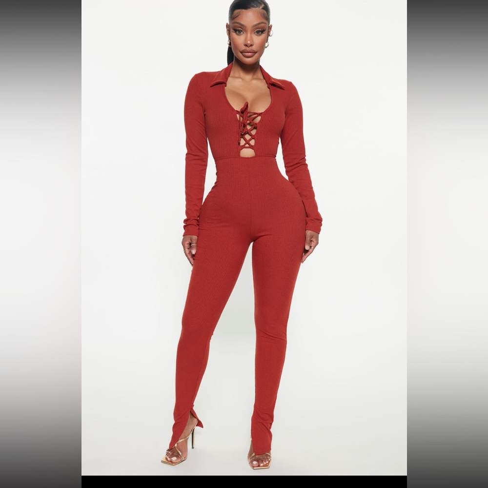 Hang With Me Ribbed Jumpsuit - Brick Red